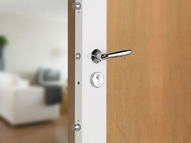 Porte équipée d’une serrure multipoints et d’une poignée métallique.
