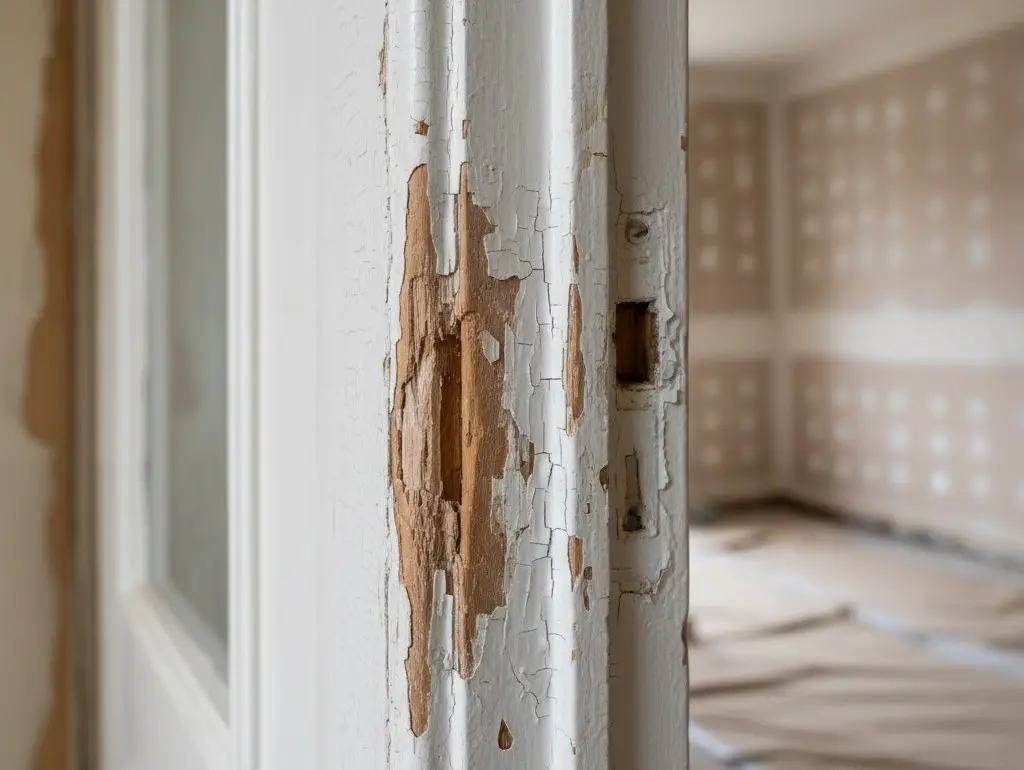 Cadre de porte en bois endommagé après une tentative d'effraction, avec peinture écaillée et serrure arrachée